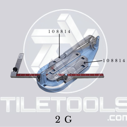 Blue table tool frame with metal guide and red measuring strip, labeled 2G