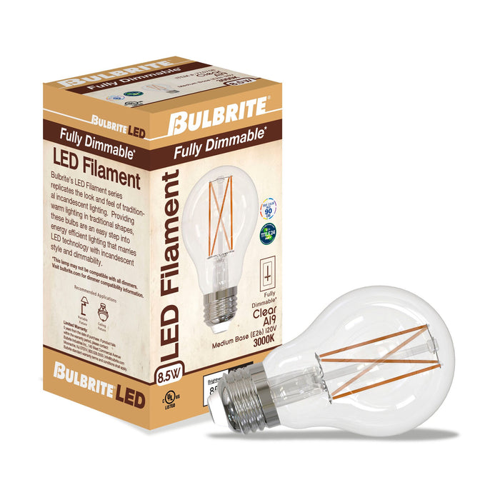 A19 8.5W Dimmable Clear Filament LED Light Bulb with E26 Base, 3000K, 850 Lumens, 4-Pack