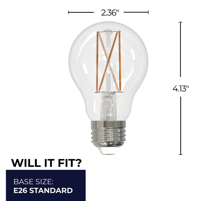 A19 8.5W Dimmable Clear Filament LED Light Bulb with E26 Base, 3000K, 850 Lumens, 4-Pack