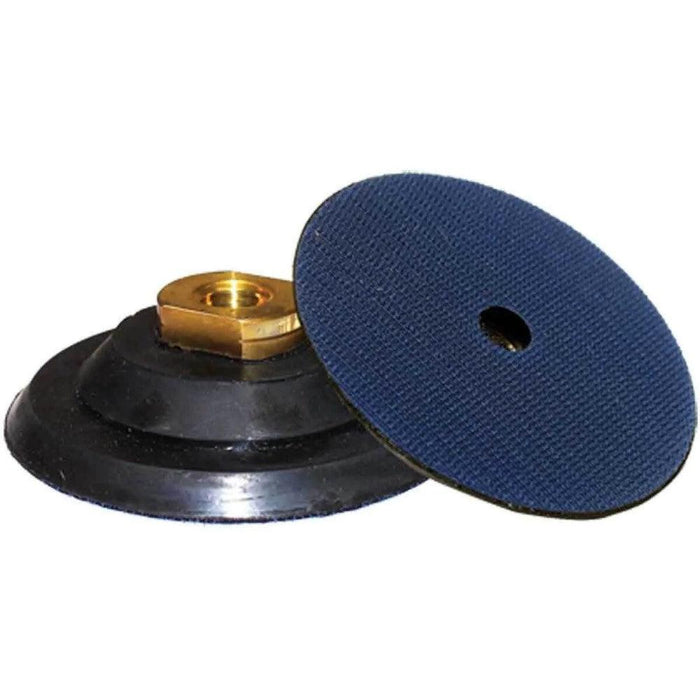 Hook-and-loop backer pad: blue abrasive disc with brass insert on black base
