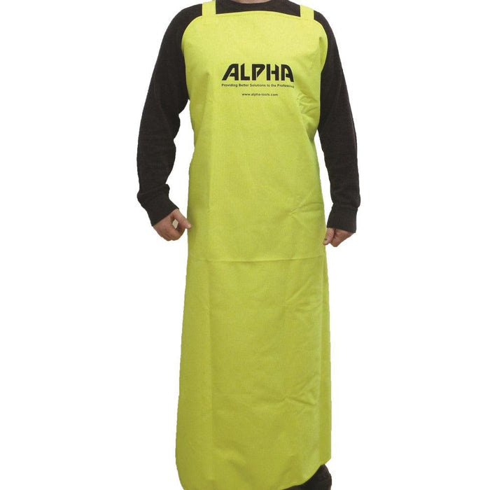 Lime green multi-purpose apron with front Alpha logo and neck strap