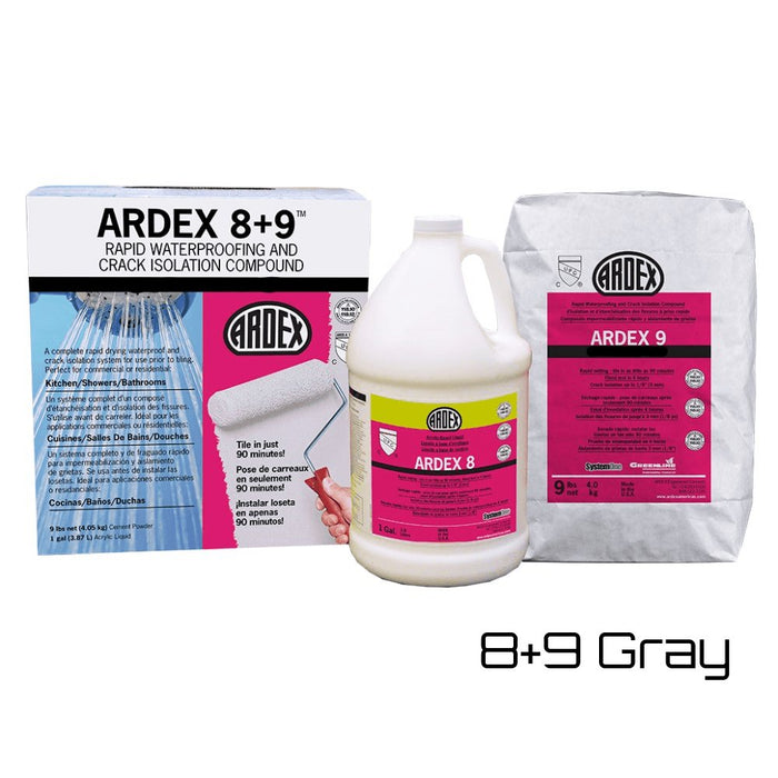 Ardex 8+9 Rapid Waterproofing Crack Isolation Compound, gray bag and bottle