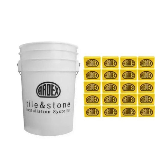 Ardex bucket with ARDEX logo and yellow sponge pads