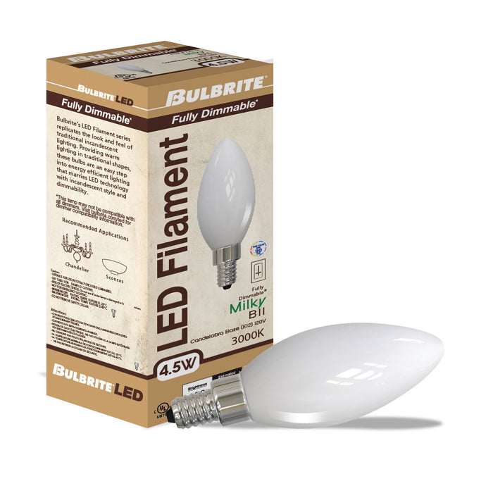 B11 4.5W Dimmable Milky Filament LED Light Bulb with E12 Base, 3000K, 400 Lumens, 4-Pack