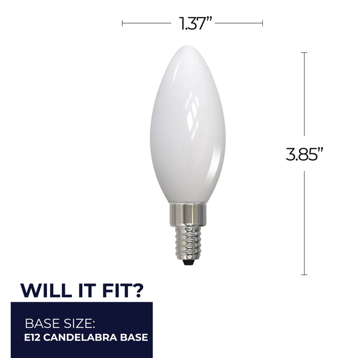 B11 5W Dimmable Milky Filament LED Light Bulb with E12 Base, 3000K, 500 Lumens, 4-Pack