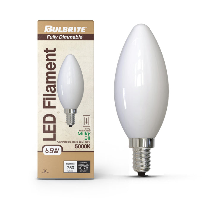 B11 6.5W Dimmable Milky Filament LED Light Bulb with E12 Base, 5000K, 750 Lumens, 4-Pack