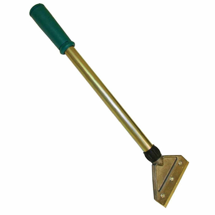 4" blade scraper with telescopic handle, green cap and brass-toned pole