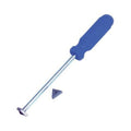 Grout scraper with blue handle and metal rod, angled scraping edge