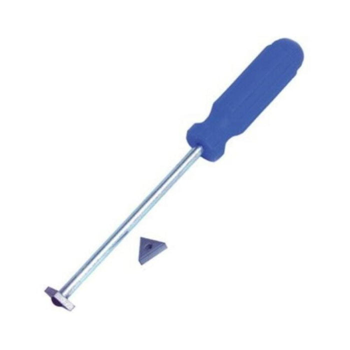 Grout scraper with blue handle and metal rod, angled scraping edge