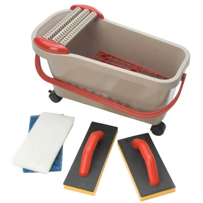 Grout cleaning system bucket with red handle and roller insert, plus cleaning pads