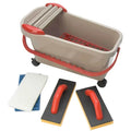Grout cleaning system bucket with red handle and roller insert, plus cleaning pads