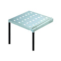 Side extension table with perforated top, light blue surface, black legs
