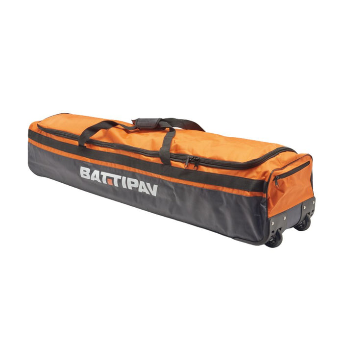 Battipav soft carry case, orange top with gray sides and black straps, rolling wheels