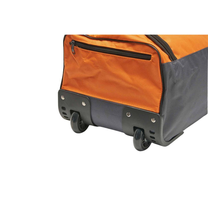 Soft carry case side view: orange fabric end panel, zip pocket, gray base, rolling wheels