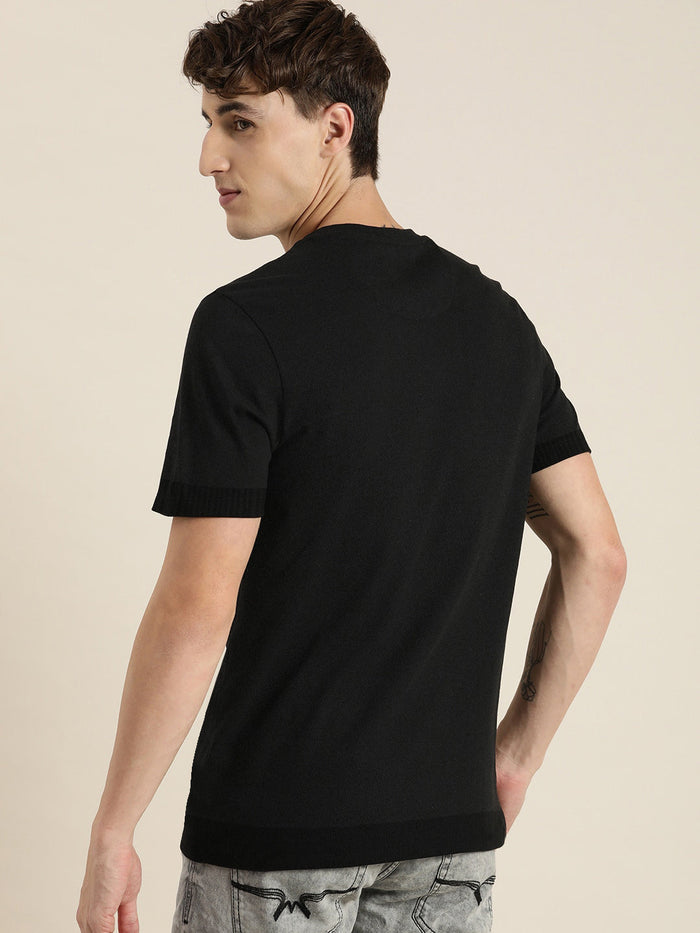 Blueberyl Short Sleeve Henley Neck Sweater For Men-Black-RT2199