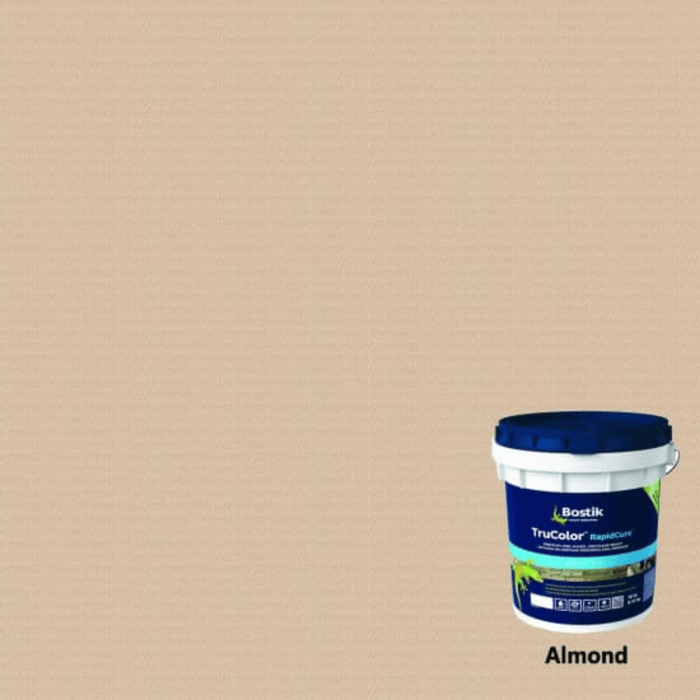 TruColor RapidCure grout color bucket in Almond, blue-and-white packaging