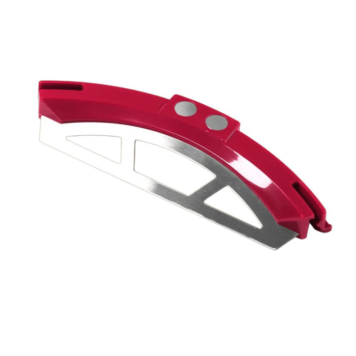 Bucky Scraper red plastic handle with metal scraping blade and cutout teeth