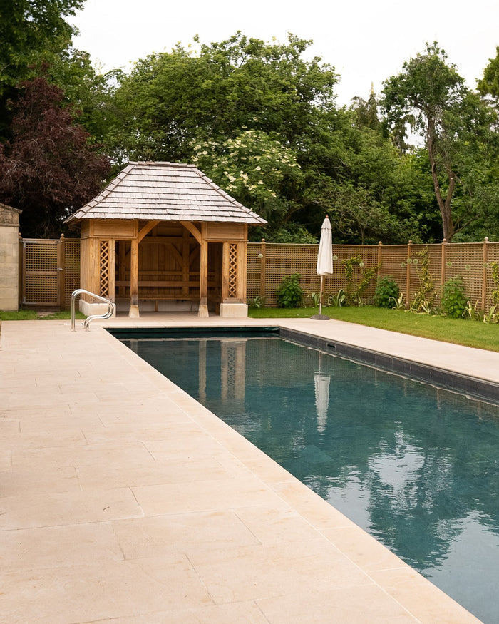 Buscot Limestone Etched Bullnose Coping|Credit: Viridis Landscapes and Clear Water Revival Pools|buscot-limestone-paving-tumbled-and-etched-finish