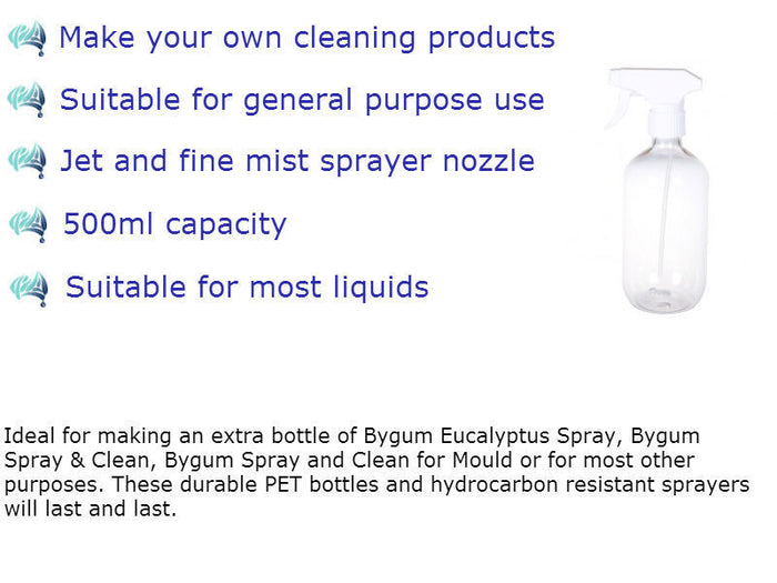 Bygum spray bottle features — jet and fine mist nozzle, 500ml, suits most liquids
