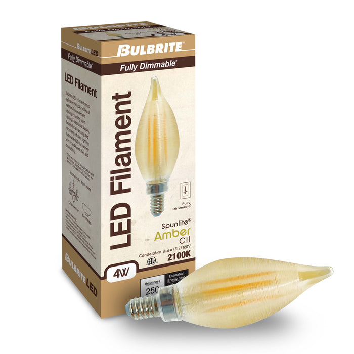 C11 4W Dimmable Amber Filament LED Light Bulb with E12 Base, 2100K, 250 Lumens, 4-Pack