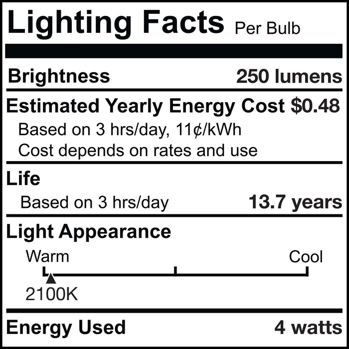 C11 4W Dimmable Amber Filament LED Light Bulb with E12 Base, 2100K, 250 Lumens, 4-Pack