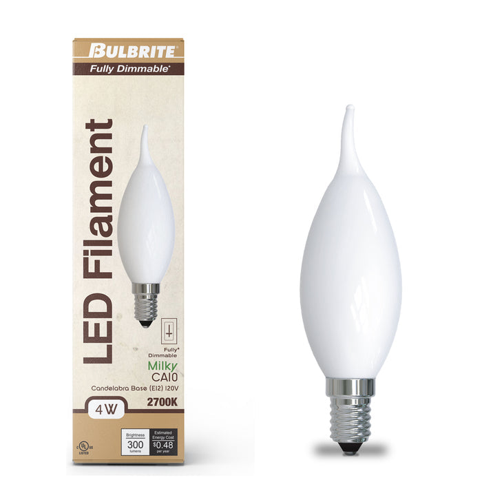 CA10 4.5W Dimmable Milky Filament LED Light Bulb with E12 Base, 3000K, 400 Lumens, 4-Pack