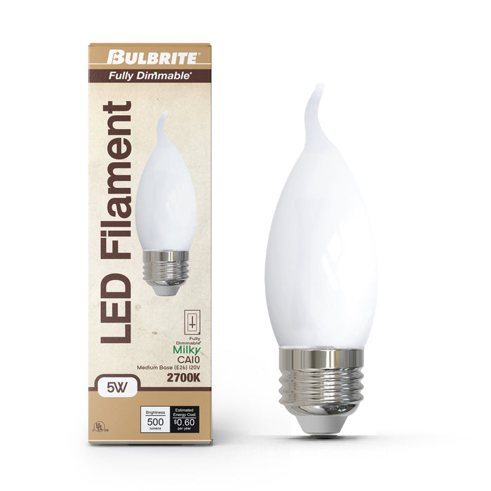 CA10 5W Dimmable Milky Filament LED Light Bulb with E26 Base, 2700K, 500 Lumens, 4-Pack