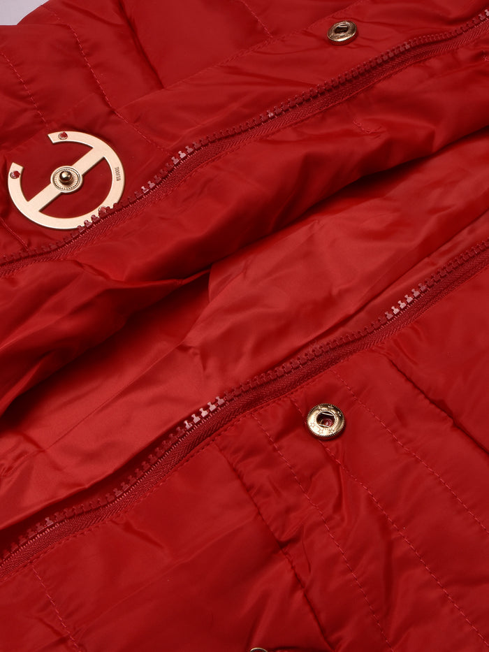 Cinched Waist Puffer Hoodie Jacket For Women-Red-BR201