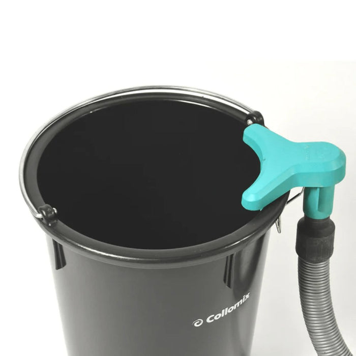 DX Dust Ex bucket with black lid and teal handle; metal spring and hose visible