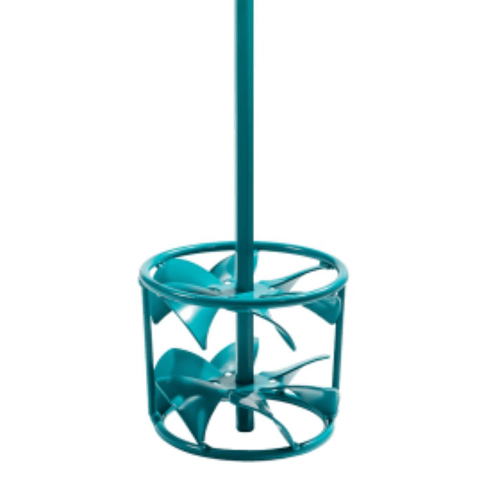 Collomix low-viscosity paddle mixer, teal blades in circular guard around shaft