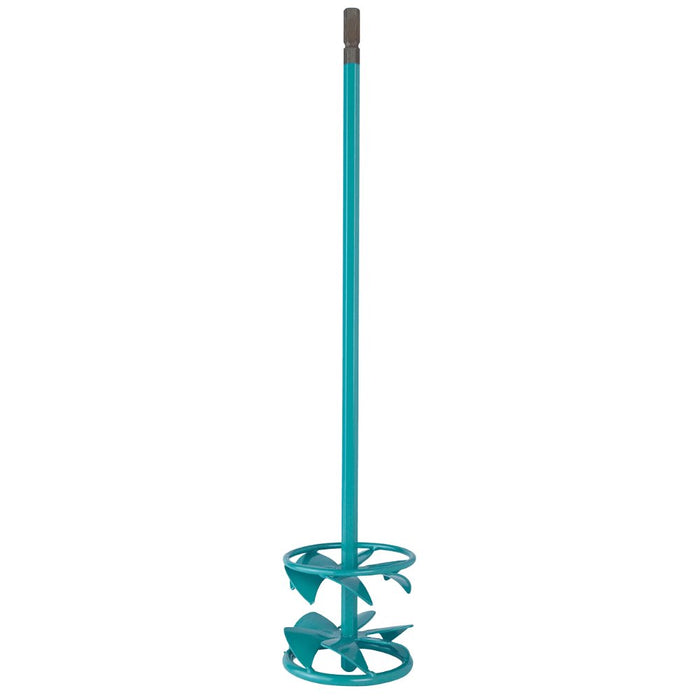 Low-viscosity mixing paddle attachment with teal blades on long shaft