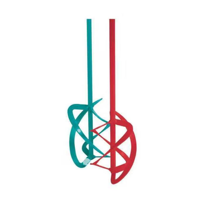 Double mixing paddle with two stirring blades on shaft, teal and red