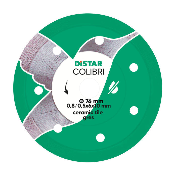 A green diamond grinding wheel with a silver metallic detail, labeled 'Colibri 76 mm' and indicating a 0.8 mm ceramic tile gres.