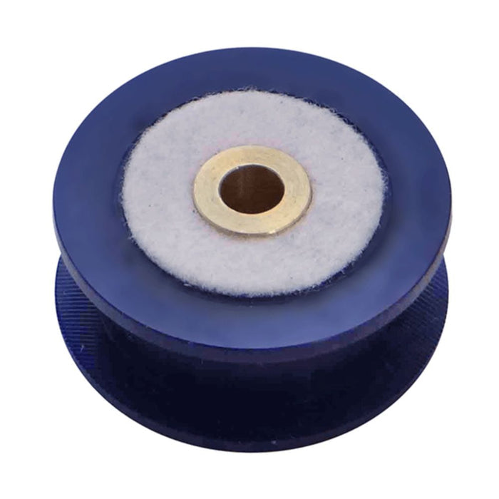 Blue double-bearing pulley with center hole and white felt pad
