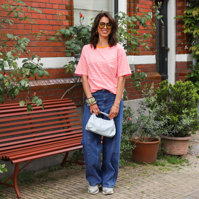 Dunne streep tee roze oranje