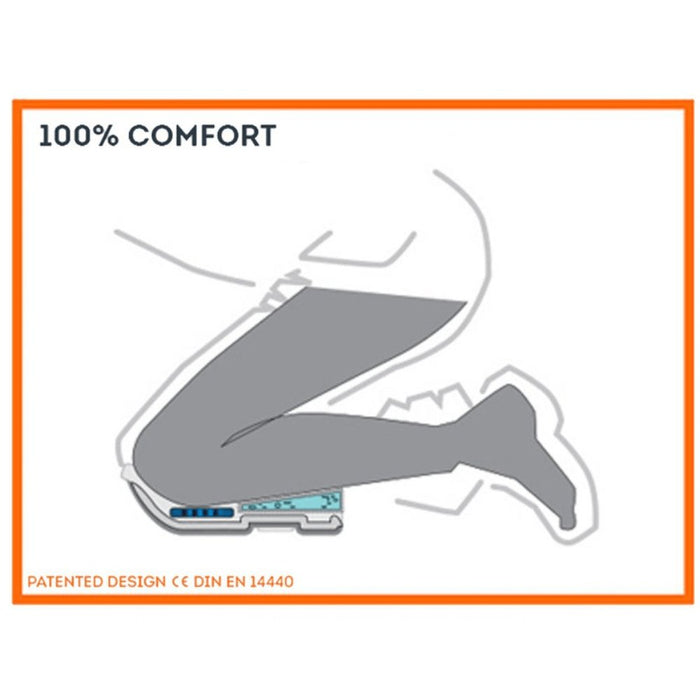 Knee pad comfort graphic: 100% comfort, patented design CE EN 14440