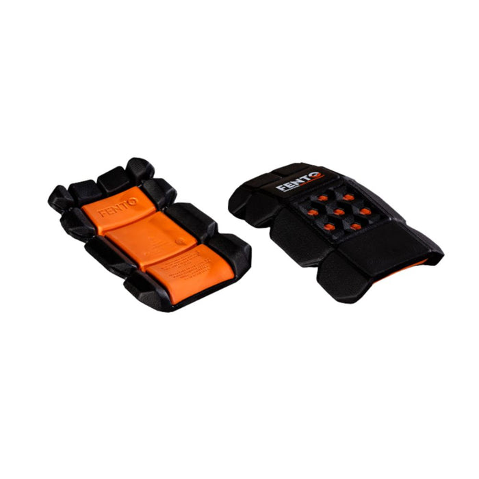 Pocket knee pads with black straps and orange protective plate