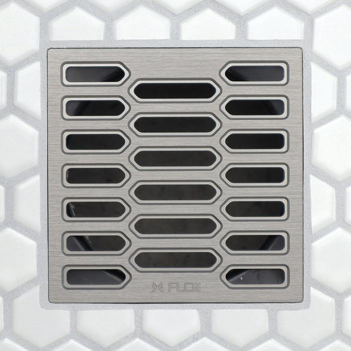 FloFX Hex3D Drain Grate in Brushed Nickel finish for compatible FloFX shower drain