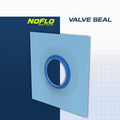 FloFx NoFlo™ valve seal with blue outer ring and central opening on light blue gasket