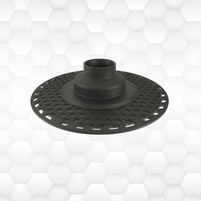 Round shower drain body with central outlet tube and hex-grip base