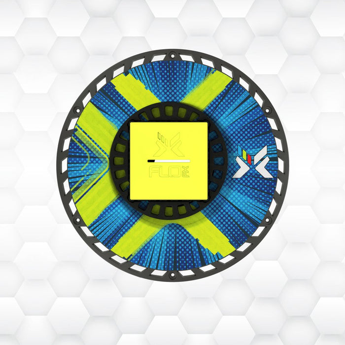 Round shower drain body with blue and lime filter ring and X emblem