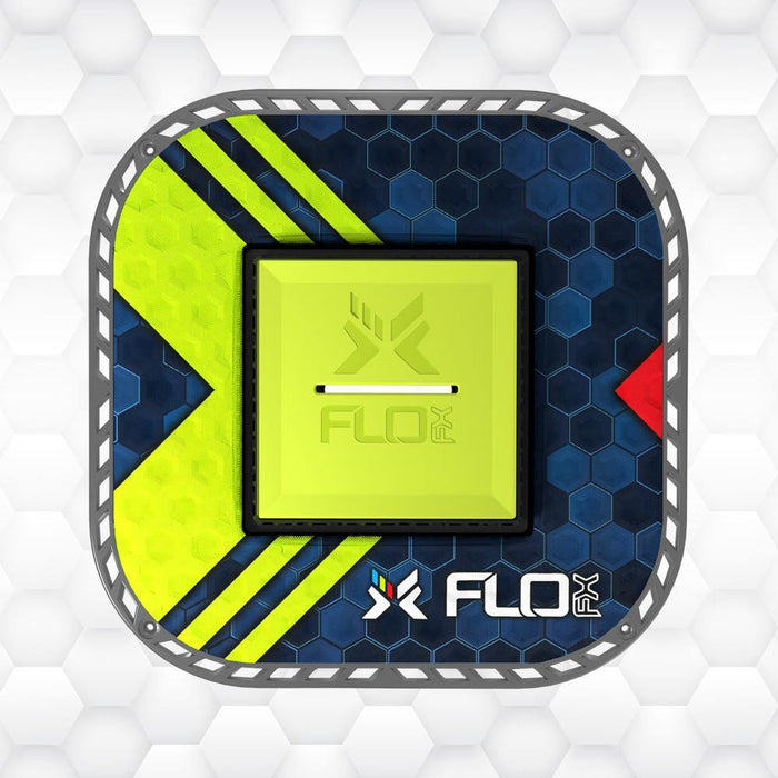 Universal shower drain body, top view with blue hex pattern and lime-green center
