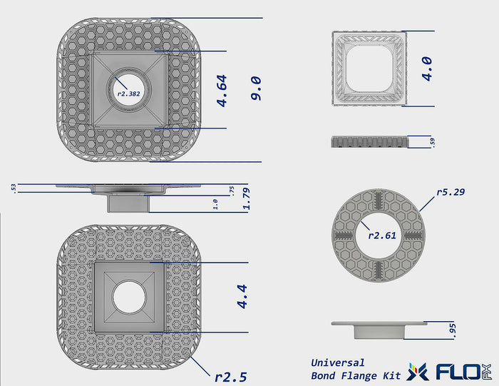 Universal shower drain flange kit diagram with dimensions and outlet circle view