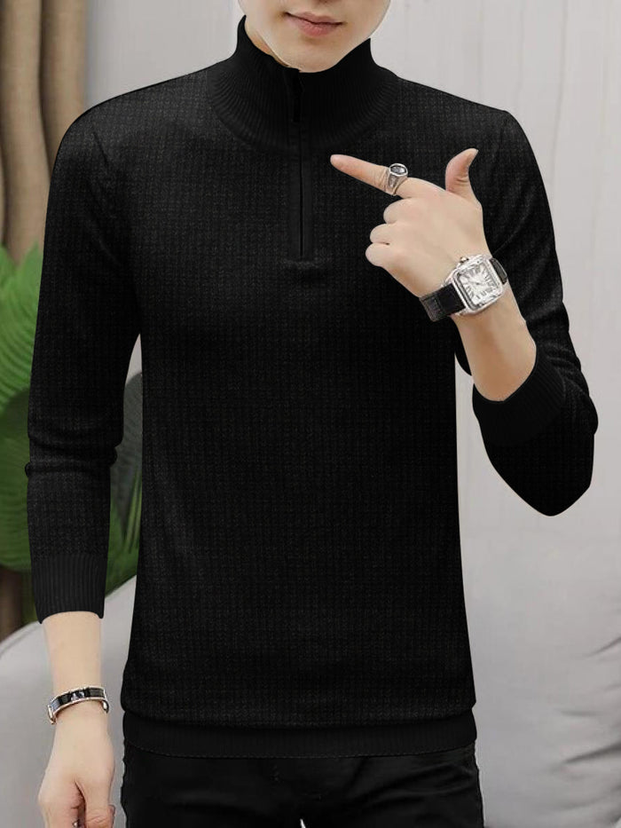 Full Fashion Pineapple Knitted Zip Mock Neck For Men-Black-BR12858