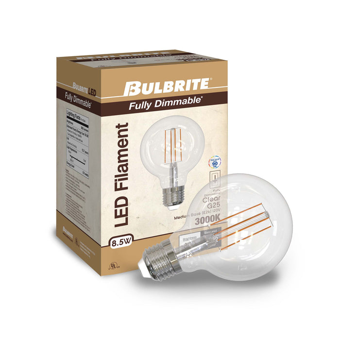 G25 8.5W Dimmable Clear Filament LED Light Bulb with E26 Base, 3000K, 800 Lumens, 2-Pack