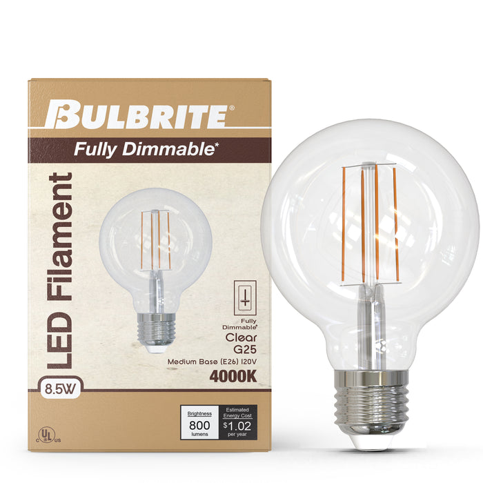 G25 8.5W Dimmable Clear Filament LED Light Bulb with E26 Base, 4000K, 800 Lumens, 4-Pack