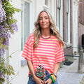 Geel streep tee dubbel roze