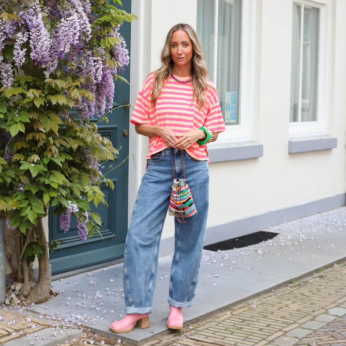 Geel streep tee dubbel roze