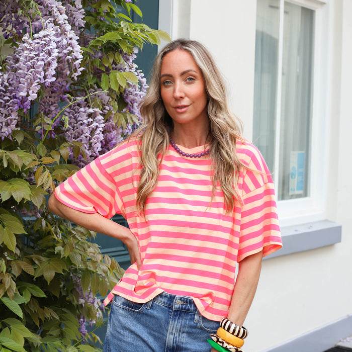 Geel streep tee dubbel roze