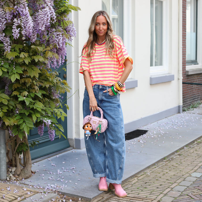Geel streep tee roze fuchsia